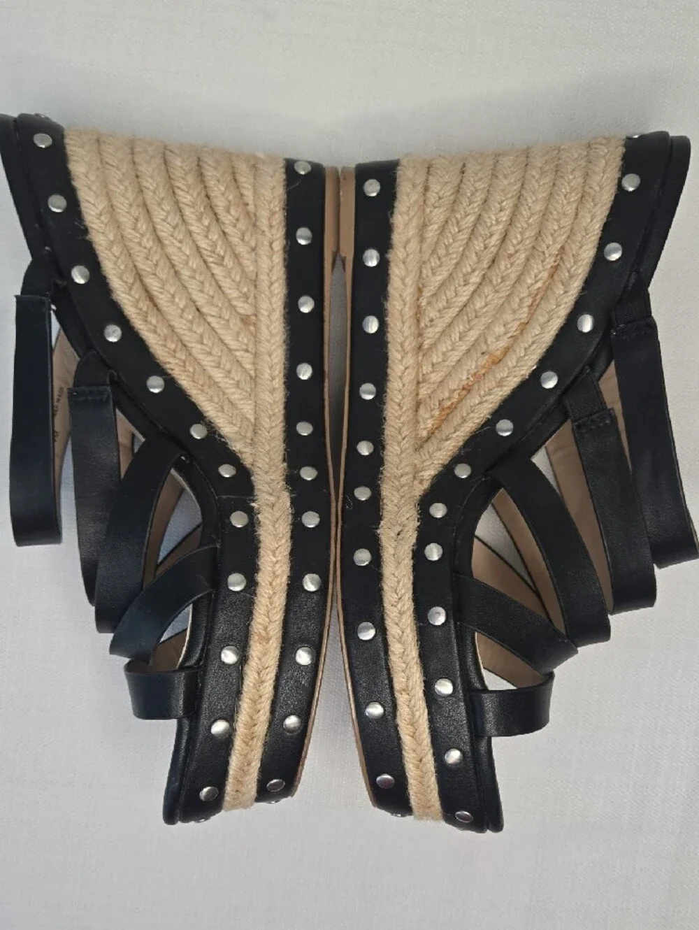 Charles David Black Leather Strappy Espadrille Wedge Sandals